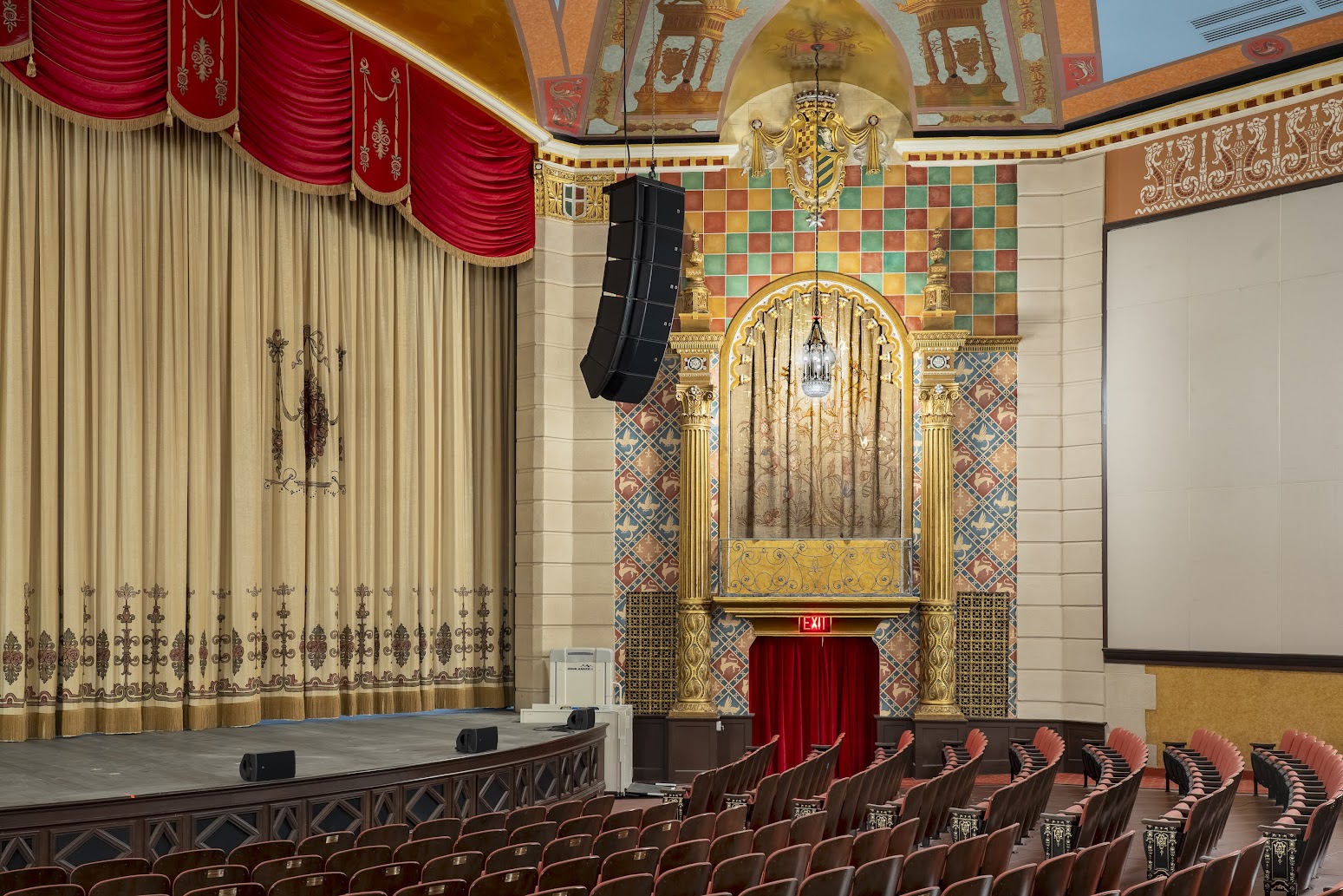 The stage and organ loft seen from the southeast balcony, January 2026
