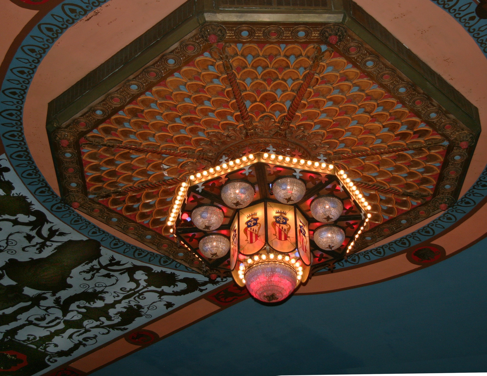 The 244-socket central chandelier, lit