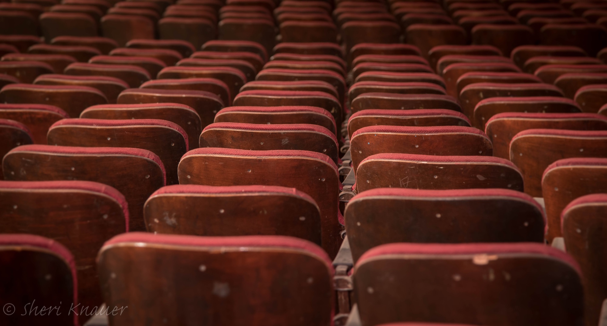 Rows of dust-covered red seats during the theater's dark years