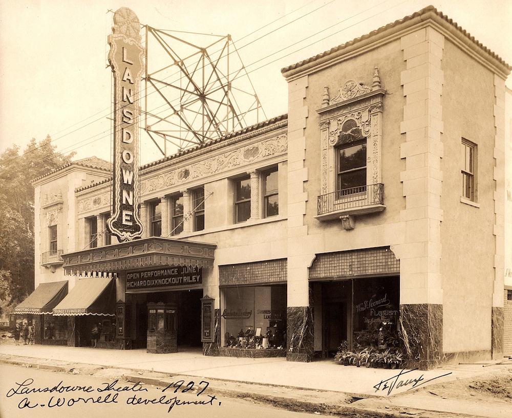 The Lansdowne Theater exterior in 1927, with its original vertical blade sign