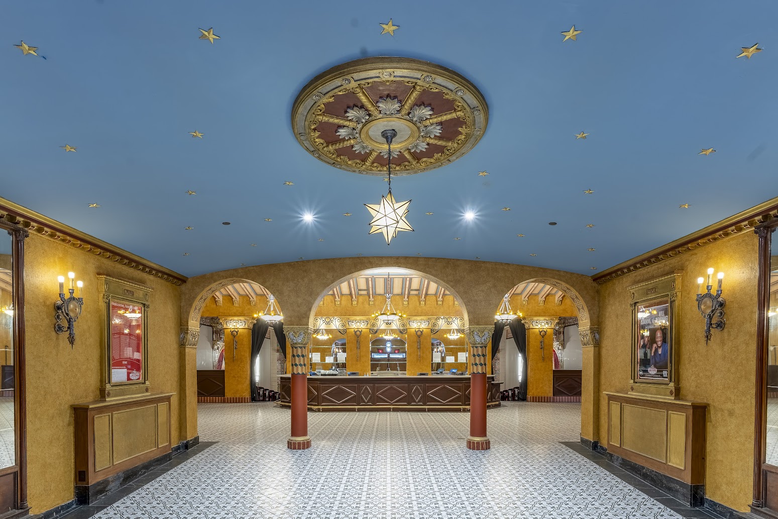 The restored main lobby with its tiled floor and Moorish arches, January 2026