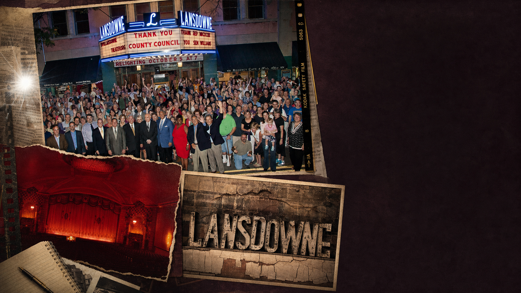 Editorial collage of the community marquee relighting, the red 1960s auditorium, and salvaged Lansdowne sign letters during restoration
